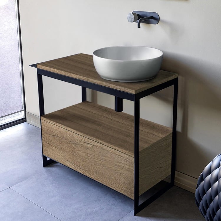 Scarabeo 1807-SOL3-89-No Hole Console Sink Vanity With Ceramic Vessel Sink and Natural Brown Oak Drawer